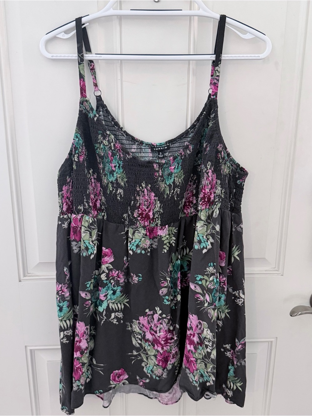 Torrid Floral Smocked Babydoll Tank 3 | Gray Pink Teal